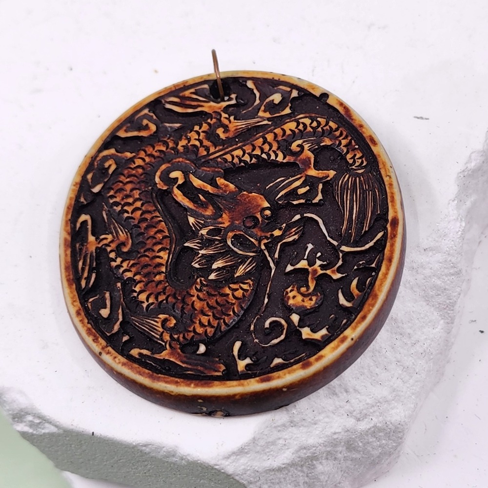 Dragon Round Pendant Brown Black Raised Relief Asian Fantasy Statement Jewelry